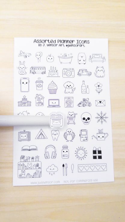 Assorted Planner Icons and Doodles Sticker Sheet Bujo Cute Kawaii Items Line Art Style Bullet Journal