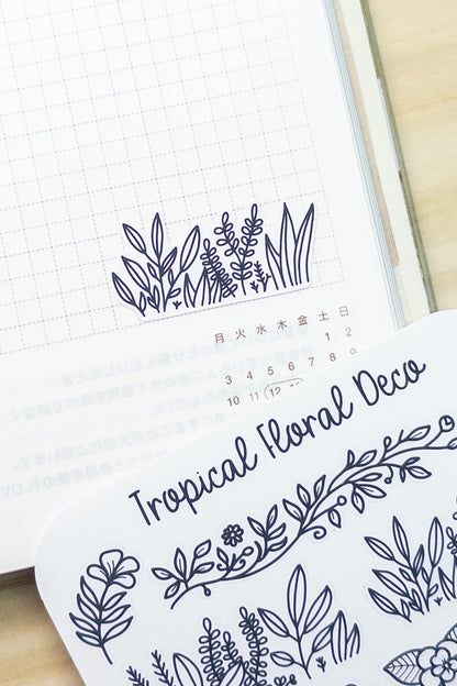 Tropical Floral Deco Planner Sticker Sheet Minimal Simple Line Art Foliage Flowers Plants Leaves Borders Edges Corners