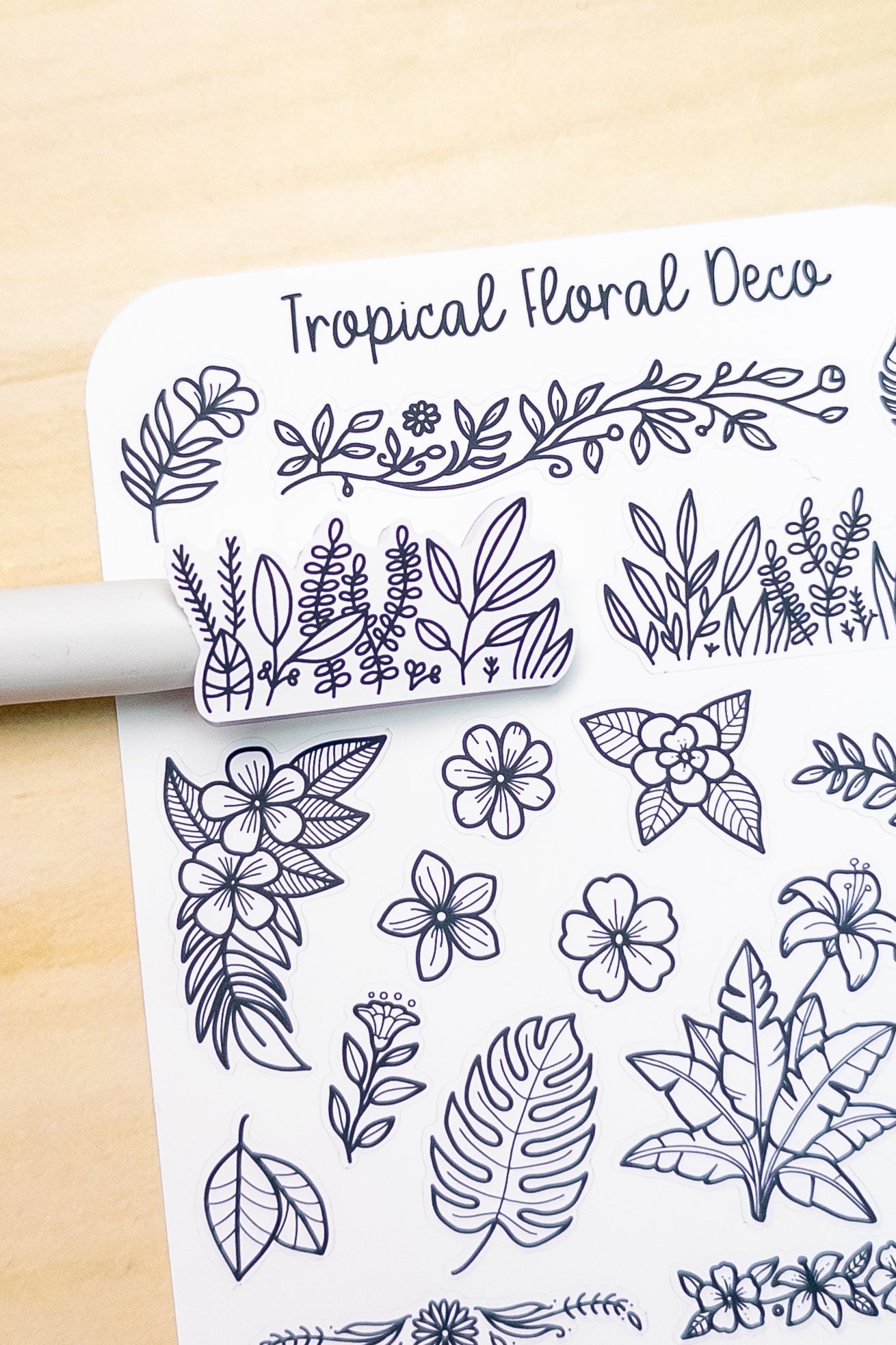 Tropical Floral Deco Planner Sticker Sheet Minimal Simple Line Art Foliage Flowers Plants Leaves Borders Edges Corners