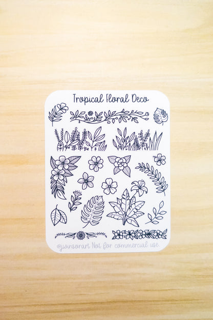 Tropical Floral Deco Planner Sticker Sheet Minimal Simple Line Art Foliage Flowers Plants Leaves Borders Edges Corners