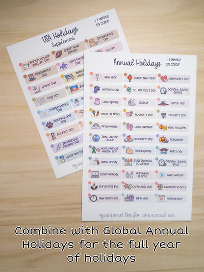 USA Holidays Supplement – Planner Sticker Sheet for Hobonichi, Bullet Journal, or Scrapbooking (White or Color Background)