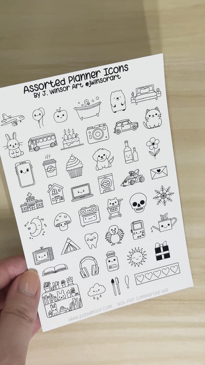 Assorted Planner Icons and Doodles Sticker Sheet Bujo Cute Kawaii Items Line Art Style Bullet Journal