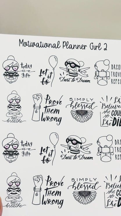 Motivational Planner Girl 2 Sticker Sheet Bujo Cute Kawaii Line Art Black and White Style