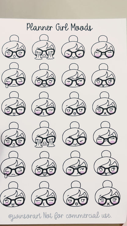 Planner Girl Mood Emoji Emoti Sticker Sheet Bujo Cute Kawaii Line Art Black and White Style