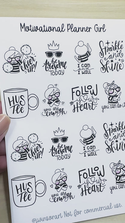 Motivational Planner Girl Sticker Sheet Bujo Cute Kawaii Line Art Black and White Style